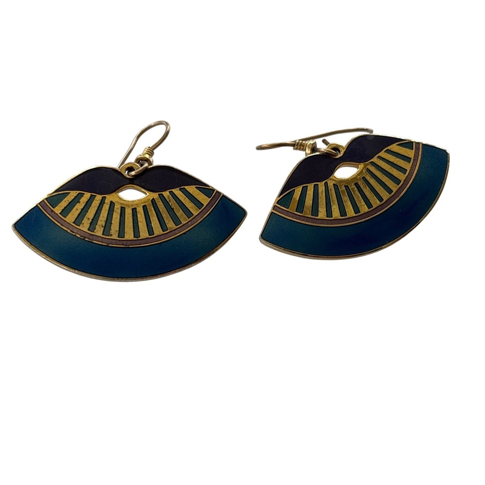 Laurel‎ Burch Fan Earrings Blue Gold Egyptian Revival Enamel Drop